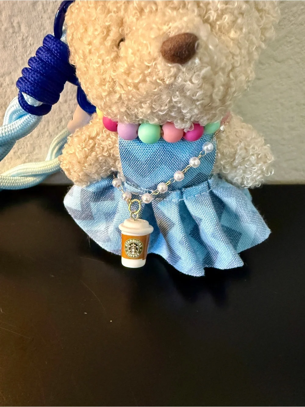 NWT Kawaii Sherpa Teddy Bear Chevron Blue Dress Coffee Plush Bag Charm/Keychain